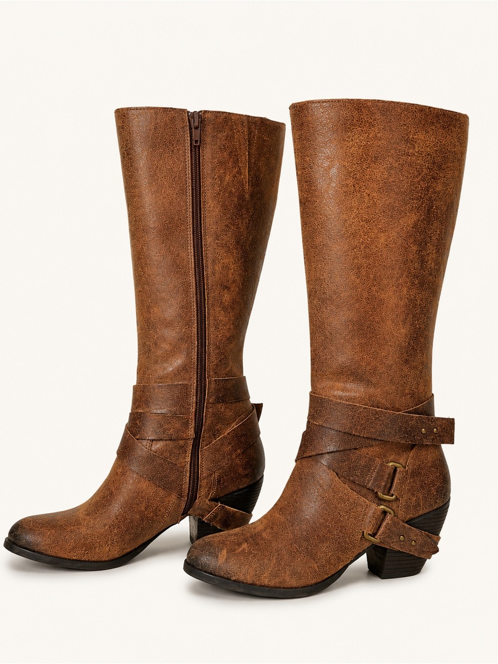 Fergie Brown Leather Legend Too Mid-Calf Harness Heeled Boots